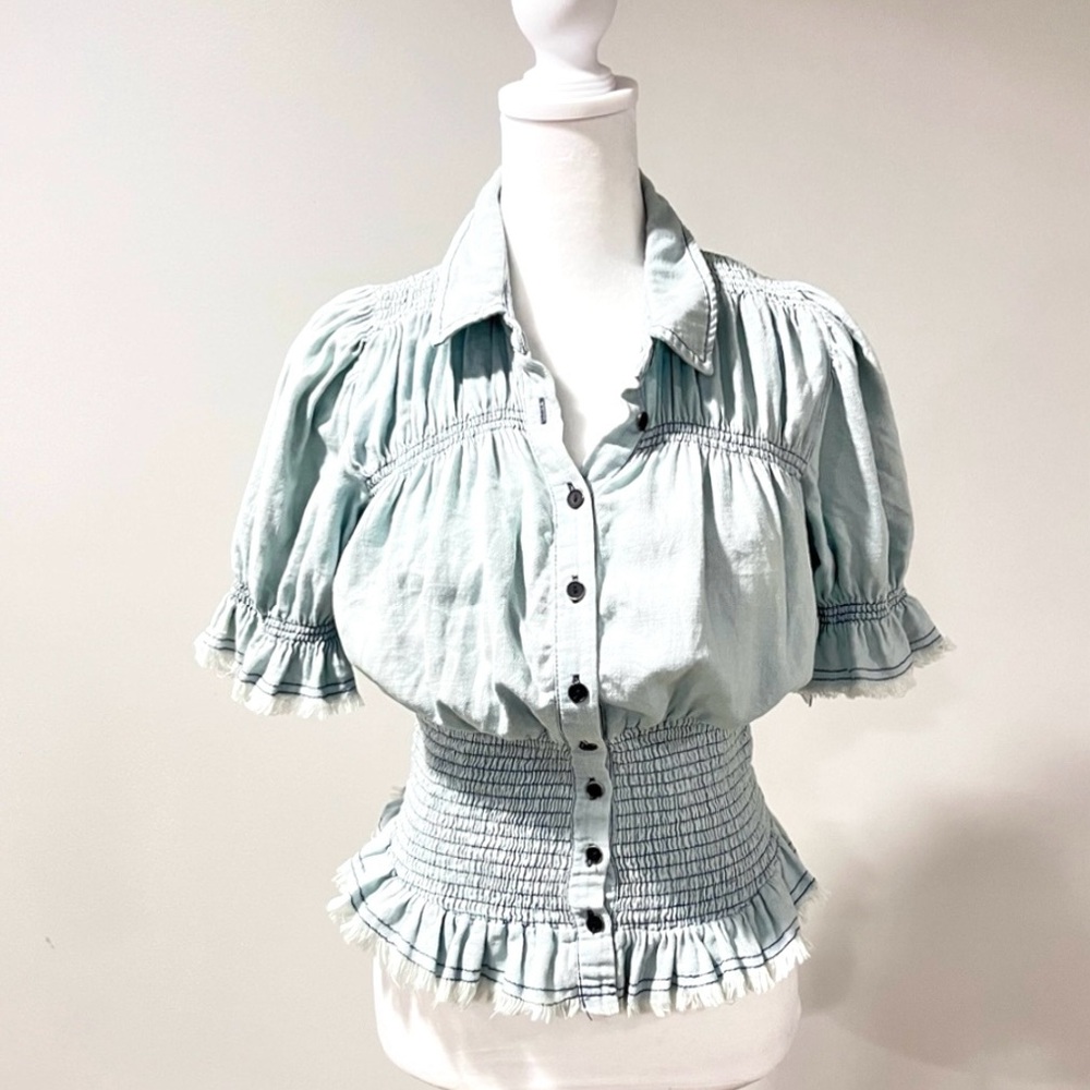 Pilcro Light Blue Ruffle-Smocked Button Front Top - Picture 4 of 11